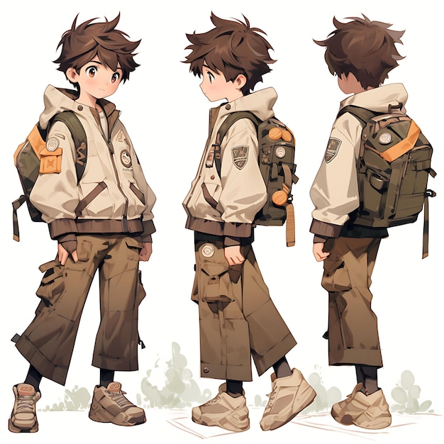Anime concept adventurous tall boy with explorers outfit earthy and natura turnaround art fashion