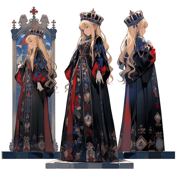 Anime Concept Tall Female With a Regal Gown and Crown Medieval Queen Style Turnaround Art Fashion