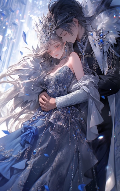 Anime couple in a blue dress hugging in a snow covered forest generative ai Premium AI generated image