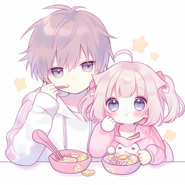 anime couple eating cereal and milk with a bowl of cereal generative ai