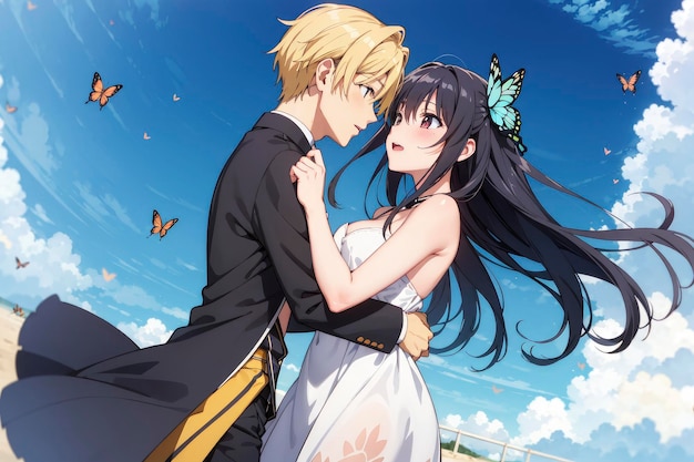 Anime Couple having Romance Cinematic Way and Butterflies Surrounding Them