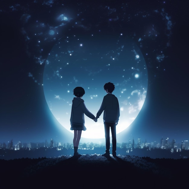 Anime couple holding hands in front of a full moon generative ai