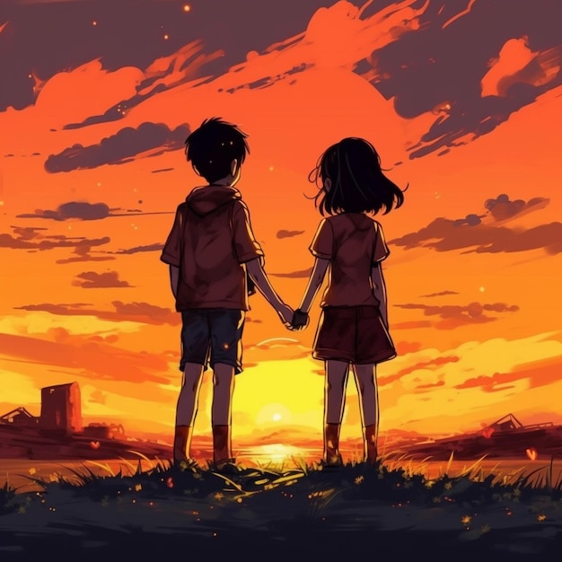 Premium AI Image | Anime couple holding hands in front of a sunset ...