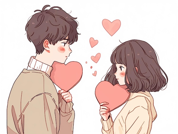 anime couple holding heart shaped paper in front of each other generative ai