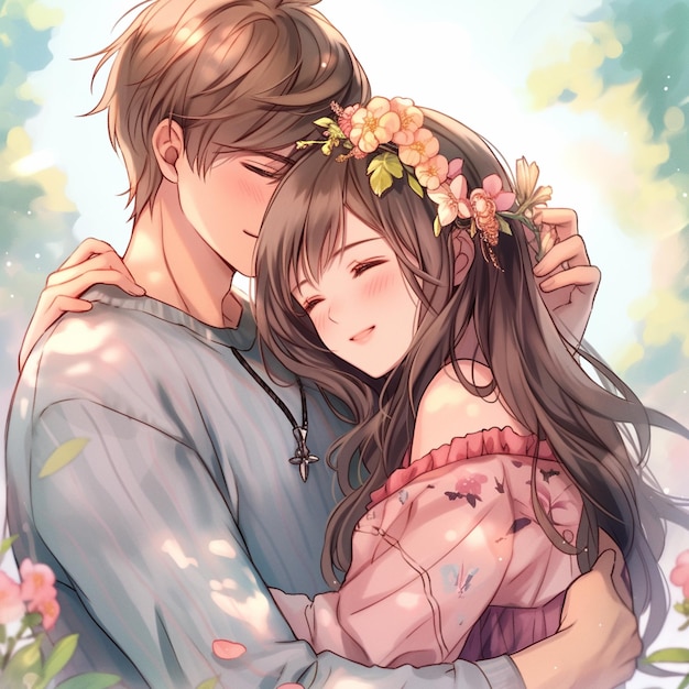 anime couple hugging each other in a garden with flowers generative ai