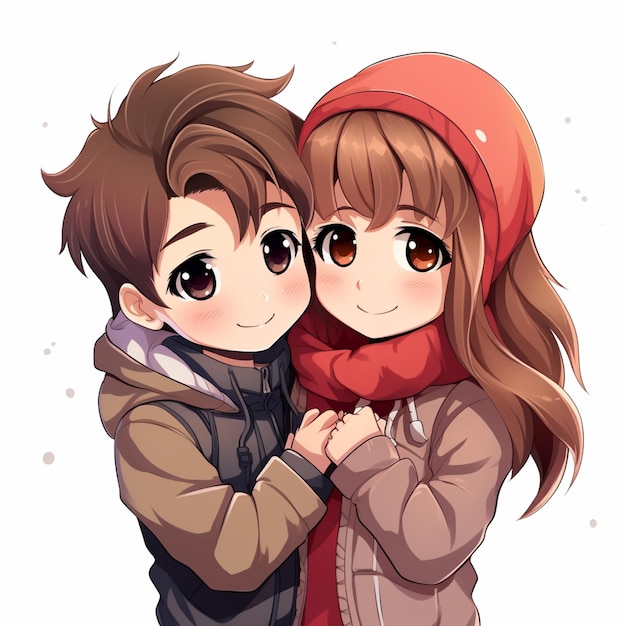 Anime couple hugging each other with a red hat and scarf generative ai