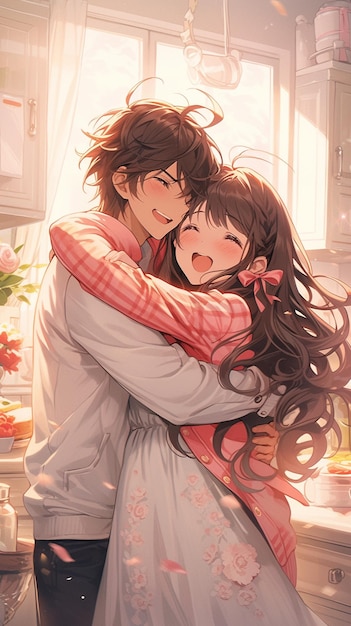 Premium AI Image  anime couple hugging in kitchen with flowers in  background generative ai