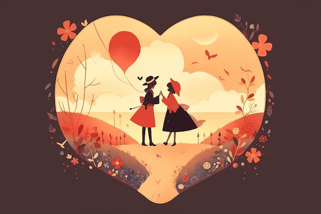 anime couple inside abstract floral heart frame illustration valentine romantic background