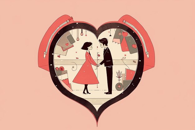 Photo anime couple inside abstract heart illustration valentine romantic background