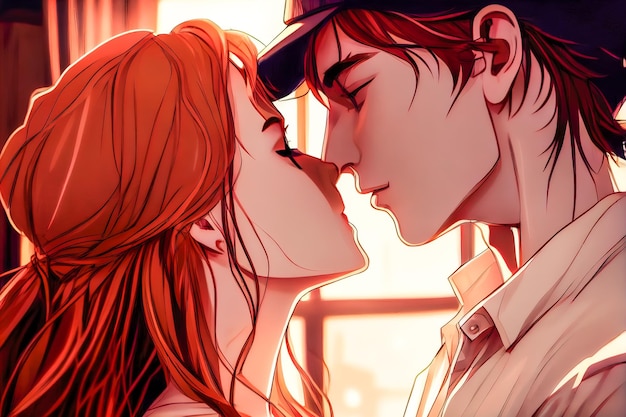 Premium Photo  Anime couple kiss close up generative ai