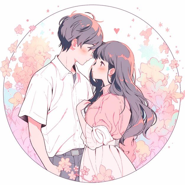 anime couple kissing in a circle with flowers in the background generative ai