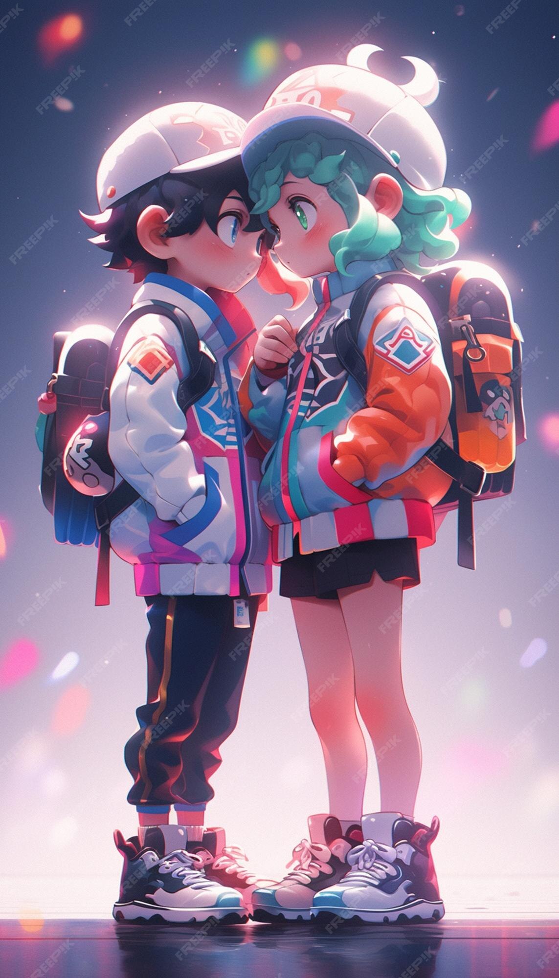 Premium Photo  Anime couple with backpacks hugging each other in