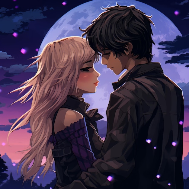 Foto coppia anime che si bacia davanti alla luna piena