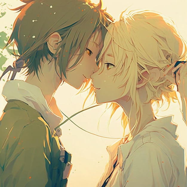 Anime couple kissing in front of a tree with leaves generative ai