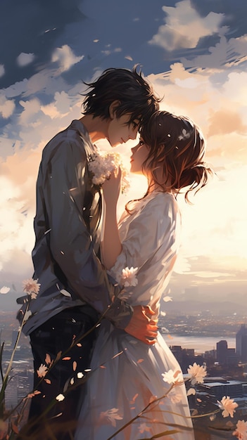 Anime Couple looking at Sunset, Anime Digital Art illustration for background  wallpaper. Generative AI Stock Illustration