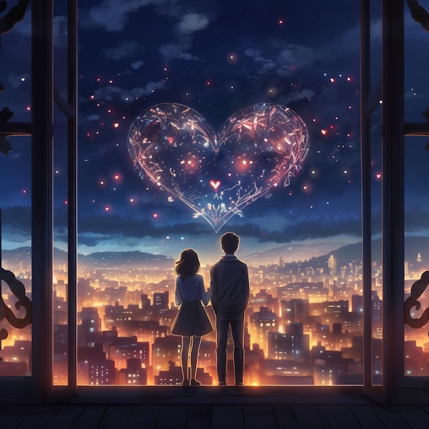 Anime couple looking at a heart shaped fireworks display in a window generative ai