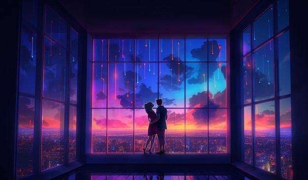 Premium AI Image | Anime couple looking out of window at city at night ...