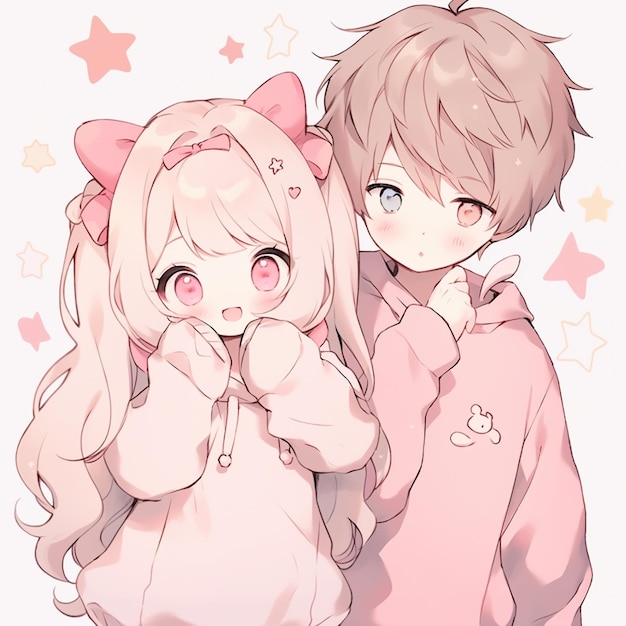 anime couple in pink hoodies posing for a picture generative ai