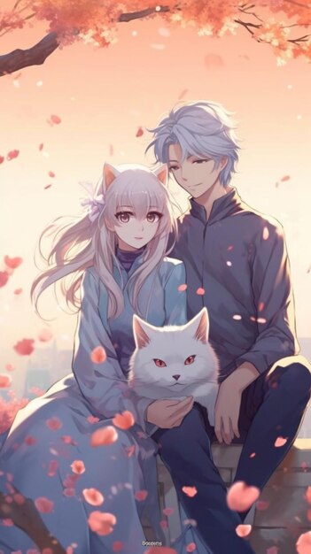 Anime couple sitting on a bench with a cat in front of them generative ai