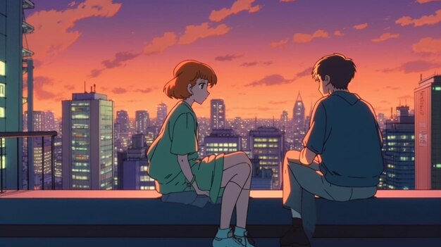 Premium AI Image | Anime couple sitting on a ledge looking at the city ...