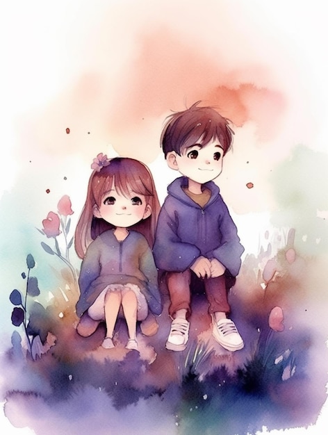 anime couple sitting on a rock with flowers in the background generative ai