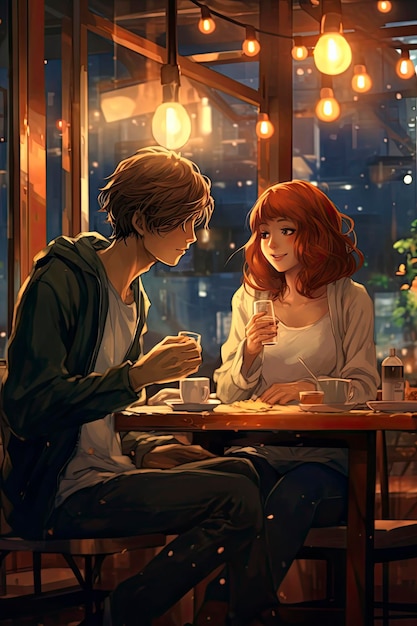 Anime couple sitting at a table in a cafe