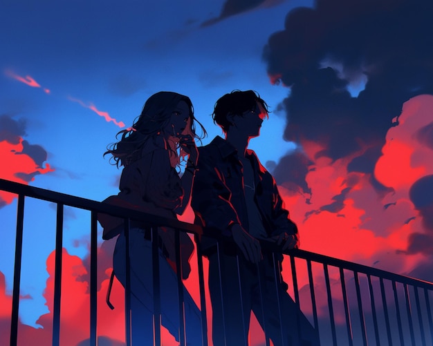 anime couple standing on a bridge looking at the sky generative ai