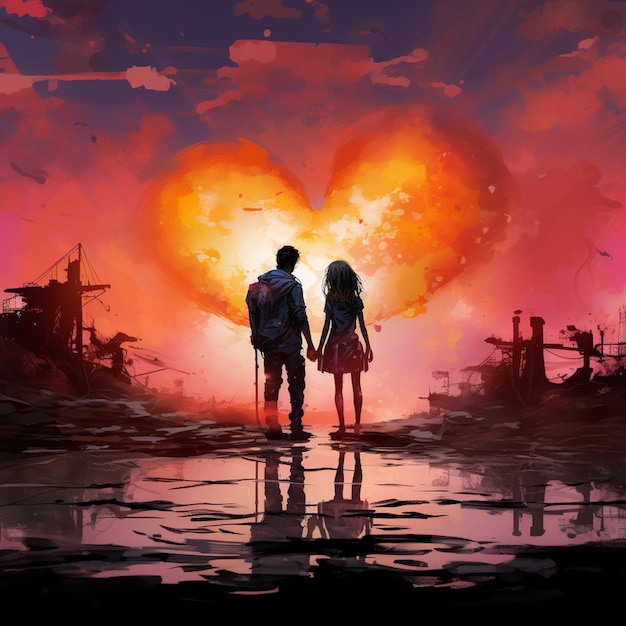 Premium AI Image  anime couple kissing in front of hearts with orange  background generative ai