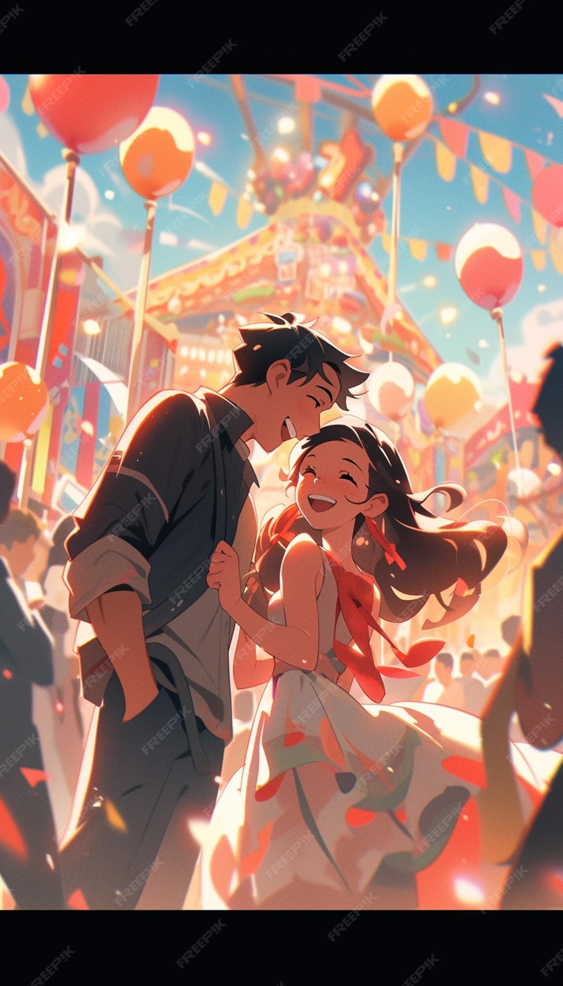 anime couple kissing in front of balloons and confetti. generative ai.  28391025 Stock Photo at Vecteezy