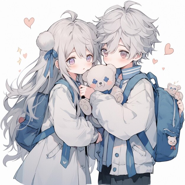 anime couple with backpacks hugging each other with hearts flying around generative ai