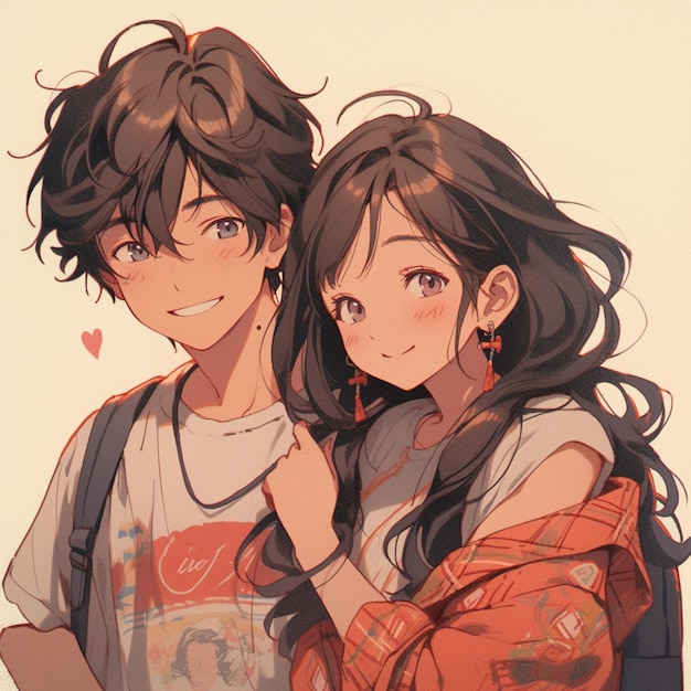 Anime couple with backpacks and red hearts in background generative ai