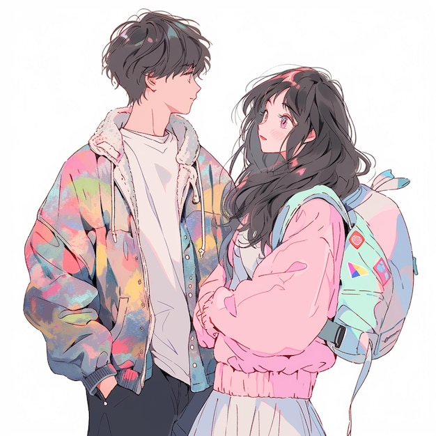 Premium AI Image | anime couple with backpacks standing next to each ...