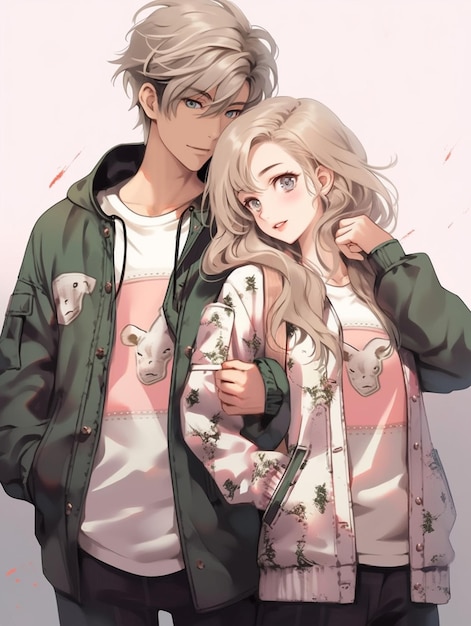 Anime couple with blonde hair and green jacket standing next to each other generative ai