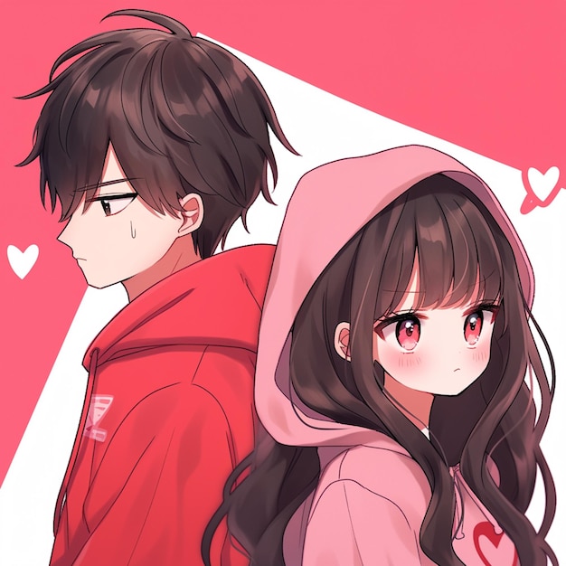 anime couple with red hoodie and black hair and glasses generative ai