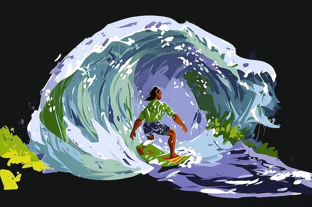 Аниме Кристально чистая вода брызгает над серфером, катающимся на эпической волне в впечатляющем векторе Таити