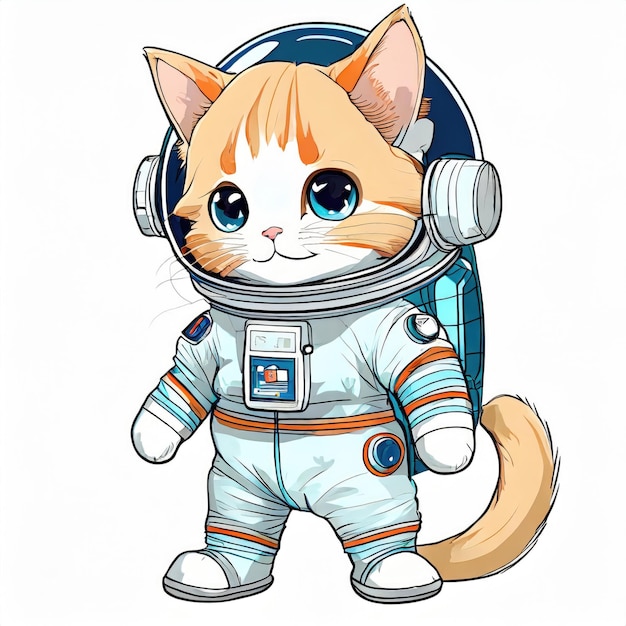 Anime cute a cat in astronaut uniform on flying white background AI generated