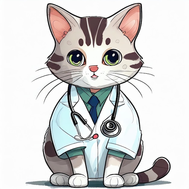 Foto anime carino un gatto in uniforme di dottore su sfondo bianco generato da ai