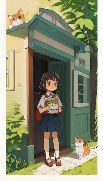 사진 애니메이션 귀여운 소녀와 그녀의 사랑스러운 고양이 자연 배경