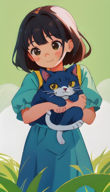 Anime Cute girl and her lovely cat natural background