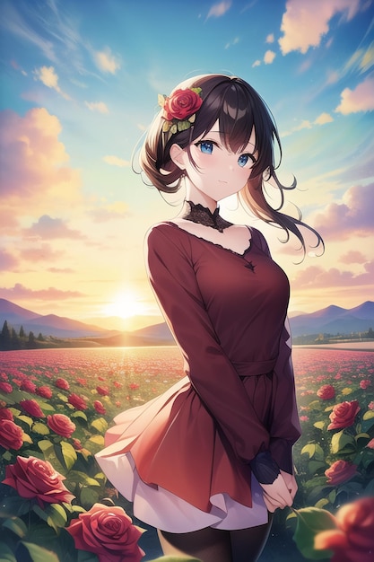 Foto anime carino kawaii ragazza carattere immagine carta da parati illustrazione sfondo alba tramonto giovane donna