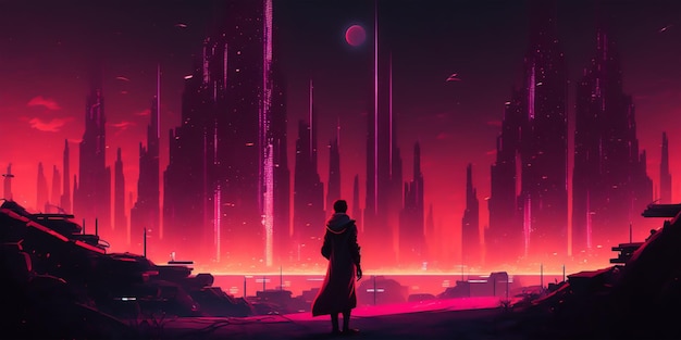 Anime Cyberpunk stadsillustratie op magenta kleuren, anime karakter silhouet Generatieve AI