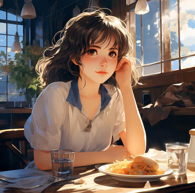Anime digital art of a lady thinking at a restaurant