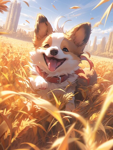 anime dog running through a field of tall grass with a city in the background generative ai