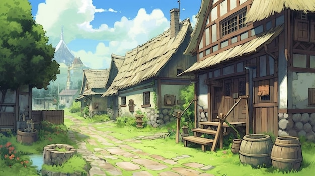 Anime dorp met een bank en een waterput generatieve ai