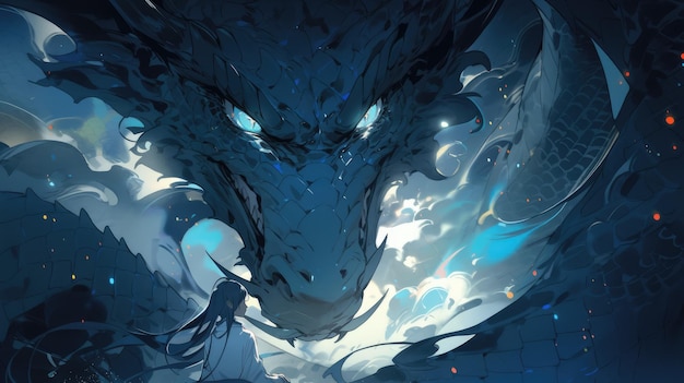 an anime and dragon in blue