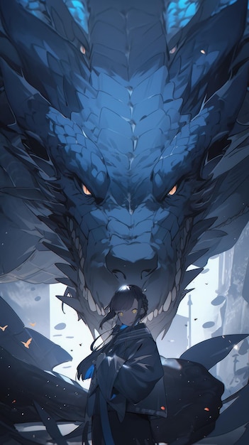 an anime and dragon in blue