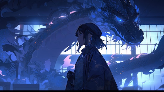 an anime and dragon in blue