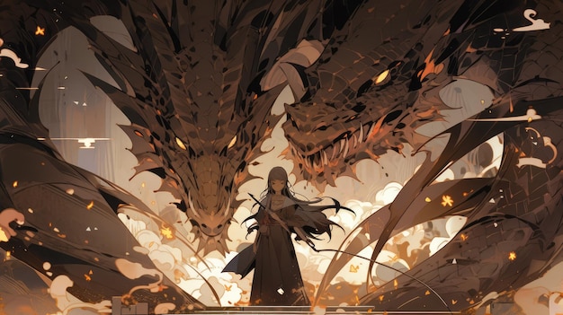 an anime and dragon in brown