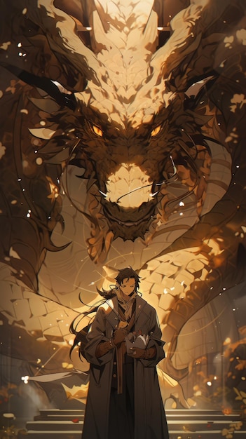 an anime and dragon in brown