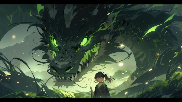 an anime and dragon in green